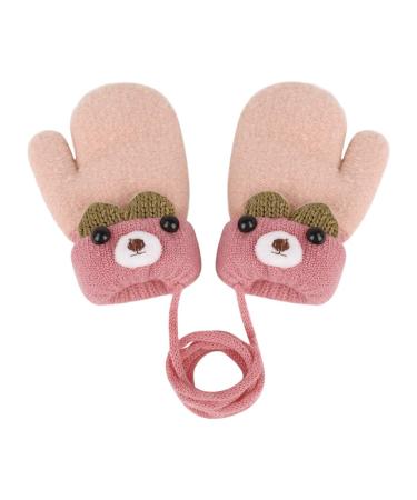 Toddler Kids Winter Warm Thick Plush Short Knitted Gloves With String for 1-3Yrs Pink/Bear