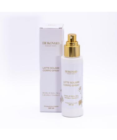 BIOKOSMO - italian roots - Sun Milk Body Spray - Medium Protection SPF 20. Mallow Oleolith Altea Calendula and Vitamin E. 100 ml. 100% Made in Italy and Cruelty Free