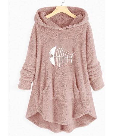 Bigfanshu Women's Sweaters Cartoon Embroidery Plus Size Warm Hooded Top Button Sweater Blouse Shirts Pink - Buy Online on GoSupps.com