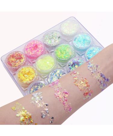 Glitter Gel Makeup Iridescent Glitter Set 12 Colours Glitter Powder Kit Glitter Cosmetic for Face Nails Eyes Lips Hair Body Music Festivals Halloween Parties Christmas - Buy Online on GoSupps.com