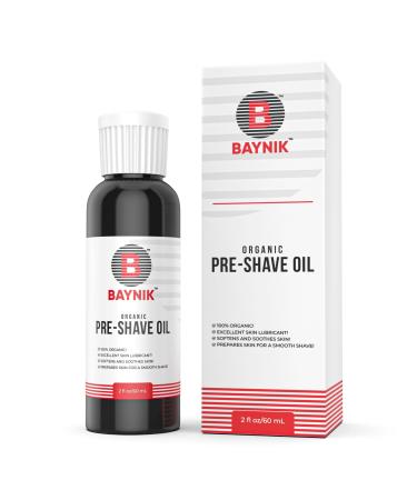 Baynik ORGANIC Beard and Pre-Shave Oil - unscented rich blend of 100% natural oils excellently lubricates, nourishes, and conditions skin. Helps razor glide smoothly preventing nicks and cuts. Works great on normal and sensitive skin. 2 Fl Oz.