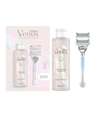Gillette Venus Women's Razor + 2 Blade Refills + 2in1 Shave Gel and Cleanser 190ml Bundle Specifically Designed for Pubic Hair & Skin with A PH Balance Razor + Razor Blade Refills + Cleanser