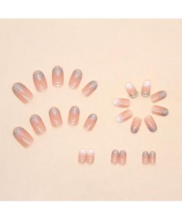 Gradient Pink Almond Press-on Nails - 24Pcs Short False Nails with Glitter Diamond Design | Glossy Stick-on Nails for Women | Oval Shape Fake Nails for Manicure - Buy Online on GoSupps.com