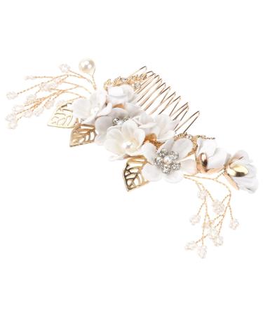 Flower fascinator Bride Wedding Hair Comb Flower Combs for Hair Rhinestone Pearls Leaf Hair Piece Crystal Hair Side Comb for Women and Girls Rosy One Size White