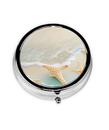 Beach Starfishround Pill Box 3 Compartment Round Pill Box Organizer Portable Travel Pill Box for Traveling.