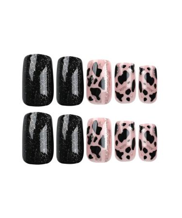 Shop Cow Print Press on Nails - Short Medium Square - Black Glitter Fake Nails - 24Pcs Full Cover Acrylic Stick On Nails for Weddings | BAOYAALIN - Buy Online on GoSupps.com
