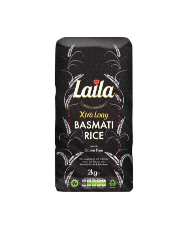 Laila Extra Long Grain Rice 2 Kg - 100% Gluten Free - Extra Long Grain White Basmati Rice with Aroma Fragrant 2 kg (Pack of 1)