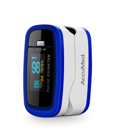 AccuMed CMS-50D1 Fingertip Pulse Oximeter Blood Oxygen Sensor SpO2 for Sports and Aviation. Portable and Lightweight with LED Display, 2 AAA Batteries, Lanyard and Travel Case (Blue)
