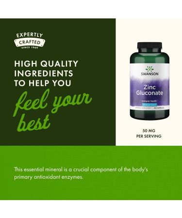 Swanson Zinc Gluconate - Mineral Supplement Promoting Prostate Health, Vision Health, & Immune Support - Gluconate Form for Optimal Absorption - (250 Capsules, 50mg Each) (2 Pack) - Buy Online on GoSupps.com