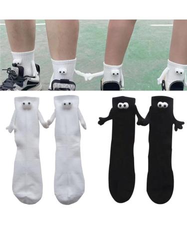 MONBEQ 2Pairs Funny Magnetic Suction 3D Doll Couple Socks Couple Holding Hands Socks Funny Socks for Women Men (2 Pair A Set Black+White) A Set Black+white 2 pair