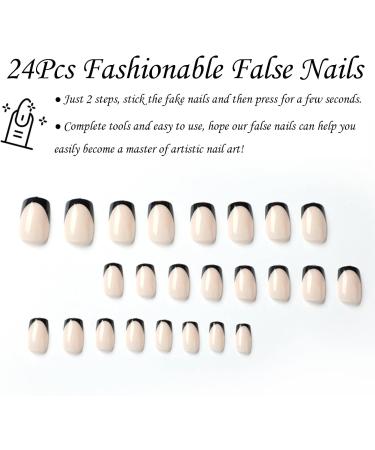 24Pcs Black French Fake Nails - Square Press On Nail Set with Glue | Short False Nail Tips for Women & Girls - Nail Art & Acrylic Stick On Nails - Buy Online on GoSupps.com