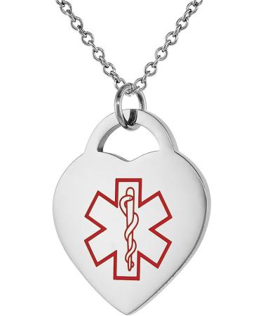 Sabrina Silver Stainless Steel Medical Alert Necklace 24 Heart Shape - DIABETIC-NON-INSULIN - Buy Online on GoSupps.com