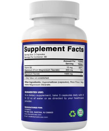Vitamatic 2 Pack - Magnesium Taurate 1500mg per serving - 180 Vegetarian Capsules (Provides 300 mg of Elemental Magnesium) - Added B6 for Maximum Absorption - Supports Muscle Joint and Heart Health* - Buy Online on GoSupps.com