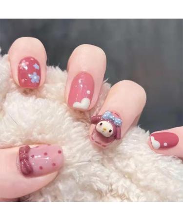 Cute Press on Nails Square Short Length 24Pcs Glossy Full Cover Artificial Pink Fake Nails with Bow Heart Designs Acrylic False Nails Glue on Nails Square Stick on Fingernails for Women Girls Pink-Flower Bow