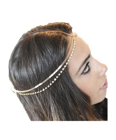 Barode Boho Layered Head Chains Sparking Rhinestone Fashion Headband Jewelry for Women and Girls (Gold)