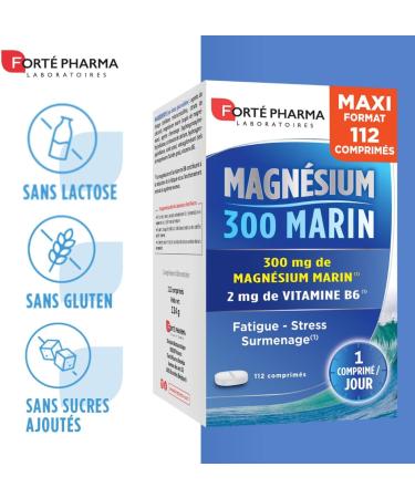 Fort Pharma - Marine Magnesium 300 | 300mg Marine Magnesium - Stress Fatigue Anxiety Overwork Irritability - Vitamin B6 | Maxi format 4x4 weeks 112 tablets 1/day - Buy Online on GoSupps.com