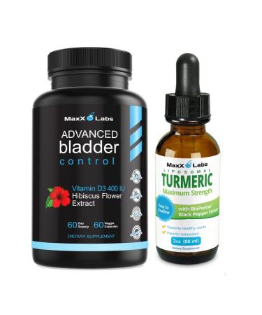 MaxX Labs Advanced Bladder Control Supplements for Women & Men 60 Capsules + Turmeric Liquid Drops with Curcumin & Black Pepper Extract Bioperine - 2 fl Oz
