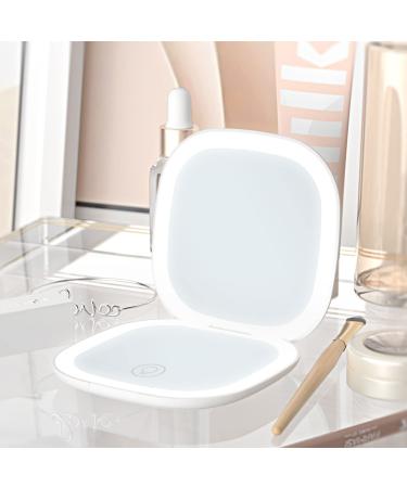 YUEARN Compact Mirror with Light  2-Sided Lighted Compact Travel Makeup Mirror with 5X Magnification & Dimmable Brightness  3 Lighting Modes Pocket Mirror with Type-C Rechargeable (5X White)