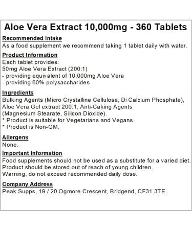 Peak Supps Aloe Vera 10 000mg Extract - 360 Tablets - Vegan 1 count (Pack of 360) - Buy Online on GoSupps.com
