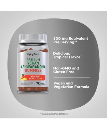 Piping Rock Ashwagandha Gummies Supplement | 75 Count | for Women and Men | Tropical Flavor | Vegan Formula | Non-GMO Gluten Free - Buy Online on GoSupps.com