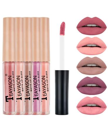 Rose Mist Liquid Lipstick Set 5 Colors Nude Matte Waterproof Highly Pigmented Non-stick Cup Lip Makeup Set 1 Piece (5 Pack) B