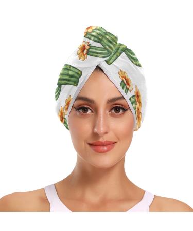 Tropical Cactus Hair Towel 2 Pack Super Absorbent Hair Drying Towel Quick Dry Hair Turbans Head Towel with Button Twisty Wrap for Women Girls