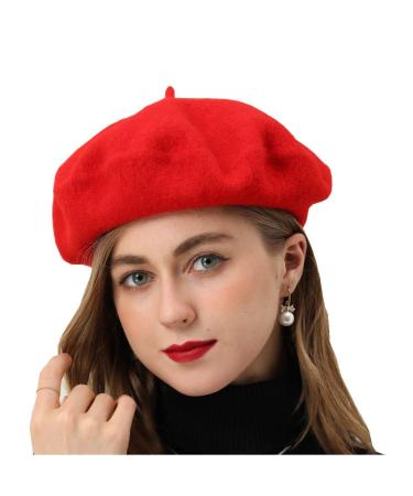 BEYLRZID French Beret-Classic Wool Beret Solid Color Womens Beret Cap Hat Red