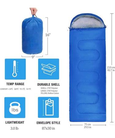 Lightweight 3 Season Sleeping Bag for Kids & Adults - 5-20 Degree Microfiber Fill - Ideal for Backpacking, Hiking, Camping - Includes Compression Sack - Single, Blue - Buy Online on GoSupps.com