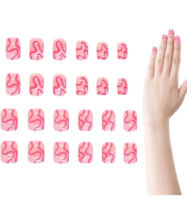 Short False Nails Pink White Pink Short False Nails Cute Curve Design Stick On Nails Glue On Colorful Square Short Artificial Full Stick On Nails - Buy Online on GoSupps.com
