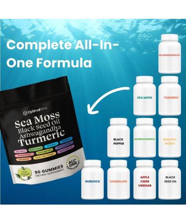 Optimal Prime Sea Moss and Black Seed Oil Gummies Ashwagandha Turmeric Manuka Honey ACV Dandelion Black Pepper Burdock Bladderwrack Vegan 90 Gummies 45 Day Supply - Buy Online on GoSupps.com