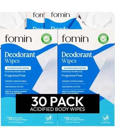 FOMIN Acidified Travel Deodorant Wipes For Women & Men - 30 Count - Fragrance Free - pH Balanced Mini Deodorant Travel Size Wipes - Plastic-Free Individually Wrapped Underarm Body Wipes Fragrance Free 15 Count (Pack of 2)