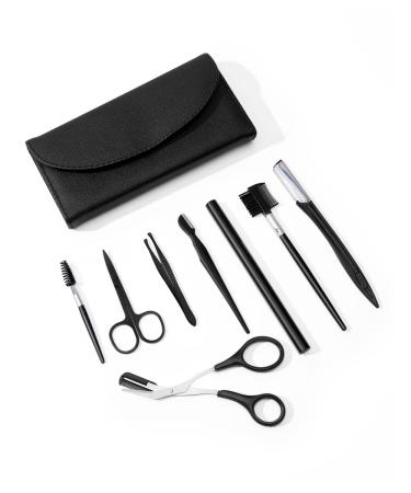 Eyebrow Tweezers for Women 8 PCS Set MIMMU Precision Tweezer Razors for Facial Hair Removal Curved Scissors for Ingrown Hair Black Leather Travel Case