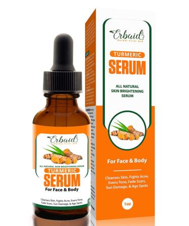Erbaid Turmeric Serum for Face & Body - All Natural Turmeric Skin Brightening Serum - Cleanses Skin  Fights Acne  Evens Tone  Heals Scars - Pure Handcrafted Skincare Made in the USA - Buy Online on GoSupps.com
