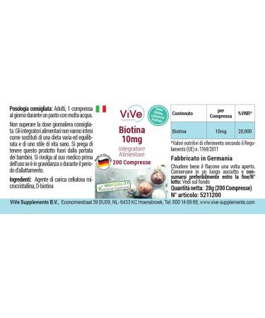 Biotine 10mg - 200 comprim s - D-Biotine - Dosage lev - Biodisponible - Qualit allemande - ViVe Supplements - Buy Online on GoSupps.com