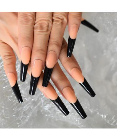 Black Lace French Artificial Nails - Extra Long Coffin Shiny Acrylic U-Shaped Tips - 24-Piece Party Set for Women - Buy Online on GoSupps.com