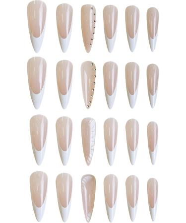 French Tip Press on Nails - Long pointed tip Press On Nails with Nail Tips French White Pattern False Nail Silver Beads press on nails Acrylic False Nails Cute Artificial Nails - Buy Online on GoSupps.com