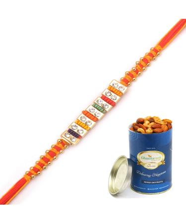 Ghasitaram Gifts Rakhi for Brother Rakhis Online - RM585 - Multicolour Stone Bracelet Rakhi with 100 GMS of Dryfruits Mix Can Rakhi Set with 100 gms of Dryfruits Mix Can