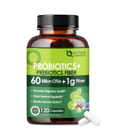 NATURE TARGET Prebiotic Fiber Supplement with 60 Billion Probiotics for Digestive Health - Prebiotics and Probiotics for Women & Men Regularity Supports Occasional Constipation - 120 Veggie Capsules 120 Count (Pack of 1)