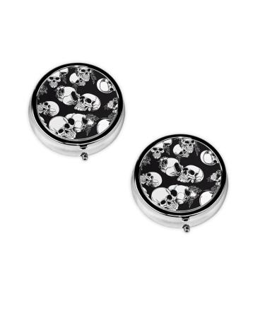 (Black Skull) Round Pill Box 3 Compartment Pill Box Mini Decorative Pocket Purse Portable Travel Medicine Tablet Vitamin Holder Organizer Pill Case