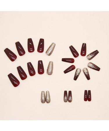 Summer Wine Red & Sparkle Gold Powder Press On Nails - 24Pcs Medium Coffin Square False Acrylic Nails for Women - Buy Online on GoSupps.com