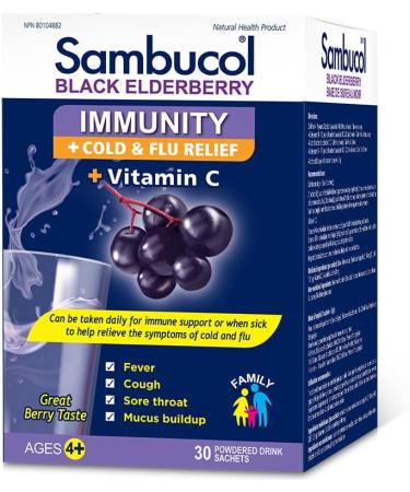Sambucol Black Elderberry Immunity Powder | Immune Support & Antioxidant | Cold & Flu Relief + Vitamin C | Great Berry Taste | Natural Health Product Ages 4+ | 30 Powdered Drink Sachets - Buy Online on GoSupps.com