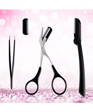 CHEN 3-in-1 Eyebrow Scissors Kit,Scissors Set for Women's Eyebrow Combing, Multifunctional Exfoliating Beauty Tool,IncludingEyebrow Trimmer Scissors, Slanted Tip Tweezers,Facial Razor(Black)