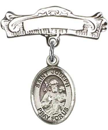 Sterling Silver Baby Badge Arched Pin with Charm, 7/8 Inch Saint Joseph