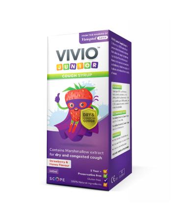VIVIO Junior Cough Syrup - A Strawberry and Honey Flavour Preservative Free and Natural Cough Syrup for Dry and Congested Coughs in Children Aged 1 Year and Over - 140 ml