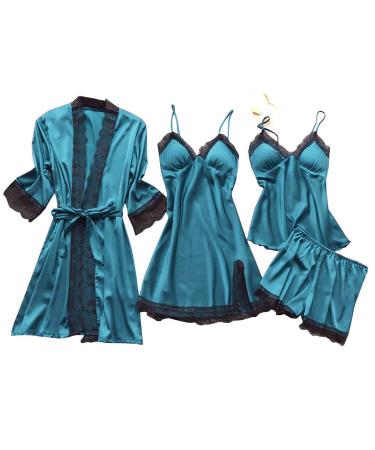 Silk Pajiamas for Women 4pcs Pajamas Sets Cami Top Shorts Nightgown Sleepwear Robe Sets Sexy Cute Matching Lounge Pjs 3X-Large B1_blue
