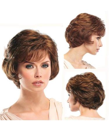 Short Curly Wig Wave Brown Hair Heat Resistant Wigs Natural Looking for Middle Age Woman with Wig Cap 001