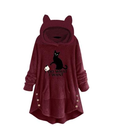 Bigfanshu Women's Coat Hoodies Sweatshirt Fleece Embroidery Cat Ears Button Hem Hoodie Top Pocket Female Blouse Burgundy
