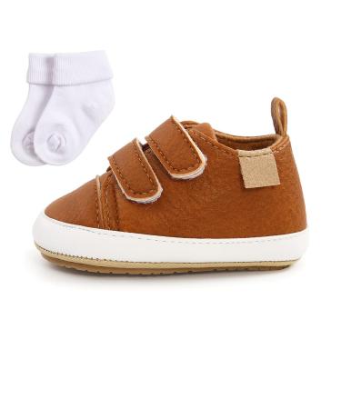 Baby Girls Boys Sneakers Toddler Shoes PU Leather First Walking Shoes Anti-Slip Infant Newborn Prewalker Sneakers for 0-18 Months with Sock 0-6 Months Brown