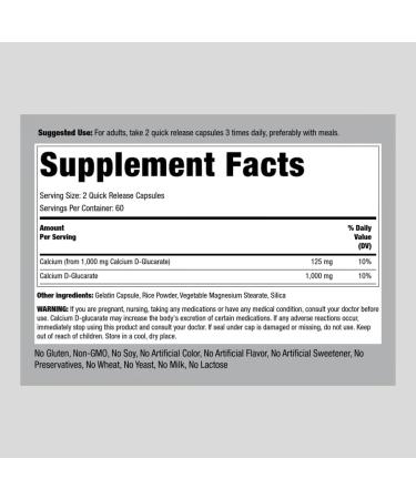 Calcium D Glucarate 1000mg | 120 Capsules | Non-GMO & Gluten-Free | Piping Rock - Buy Online on GoSupps.com