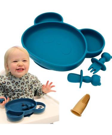Suction Plate Baby Cutlery Set Chomp Includes Baby Toothbrush Baby Weaning Set Baby Plate Spoon Fork Toddler Cutlery Suction Baby Bowls for Weaning Dishwasher Safe Suction Plate (Blueberry)